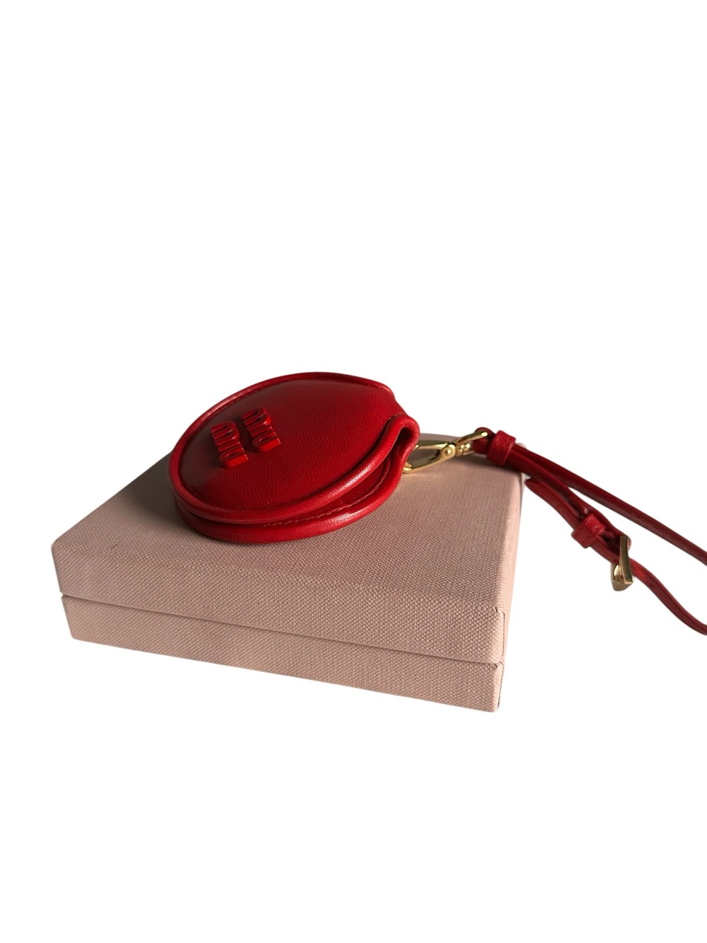 Miu Miu Red Leather Compact Mirror Wristlet Bag Charm w/ Box - Picture 7 of 10